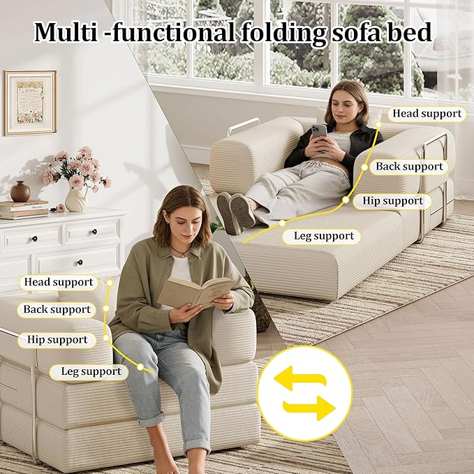Folding Sofa Bed, 2 in 1 Convertible Sofas to Lounger Comfy Single Bean Bag Chair Floor Portable Foldable Sleeper Lazy Futon Couch Chair for Bedroom, Living Room (Beige, 35.43" Single Sofa)
