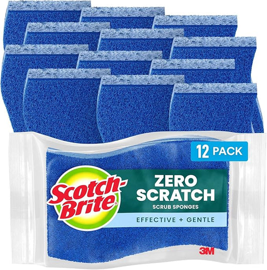 Scotch-Brite Zero Scratch Scrub Sponge, Non-Scratch Sponge, 12 Kitchen Sponges for Cleaning Around Home, Bathroom & More, Effective + Gentle Dish Scrubber, Best for Nonstick Pots and Pans