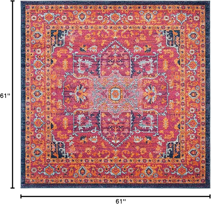 SAFAVIEH Evoke Collection Area Rug - 5'3" Square, Fuchsia & Orange, Oriental Medallion Distressed Design, Non-Shedding & Easy Care, Ideal for High Traffic Areas in Living Room, Bedroom (EVK275S)