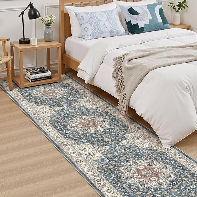 Vintage Hallway Runner Rug 2x10: Large Soft Washable Entryway for Kitchen Laundry Room Non-Slip Backing Runner for Entrance Living Room Bedroom Bathroom - Vintage Blue