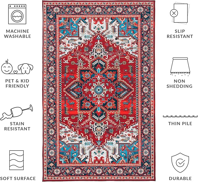 SAFAVIEH Washable Rug Tucson Collection - 6'6' x 9', Red & Blue, Slip Resistant & Easy to Clean, Ideal for Living Room, Bedroom, Dining Space (TSN101Q)