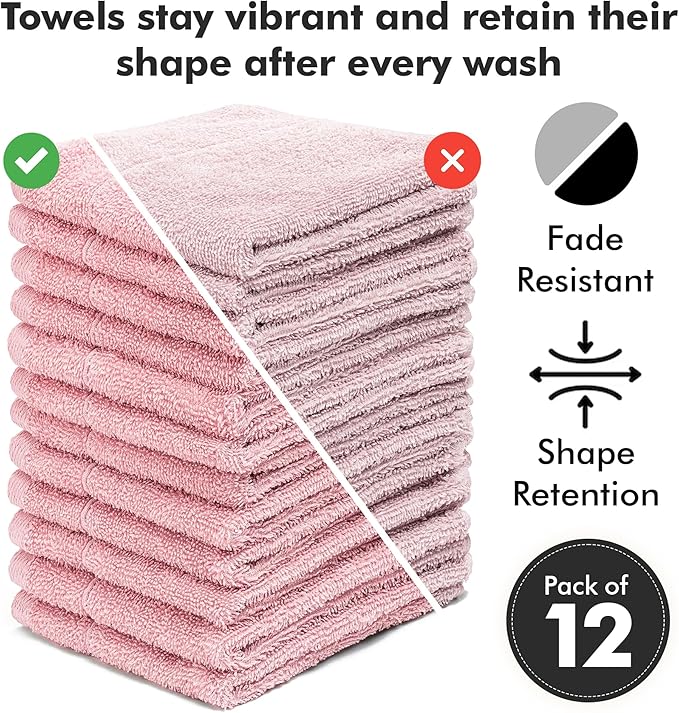 Face Towels Pack of 12 – 100% Cotton Wash Cloths (12x12 inch) – Soft, Quick Dry & Highly Absorbent Hand Towels for Bathroom, Spa, Gym, Kitchen and for Daily Use - (Baby Pink)