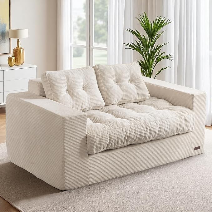 MAXYOYO Loveseat Sofa Couch, Upholstered Bean Bag Chair Cloud 2-Seat for Adults, Boneless Couch with Tufted Cushion & Pillows, Sofa in A Box, No Assembly Required, Beige