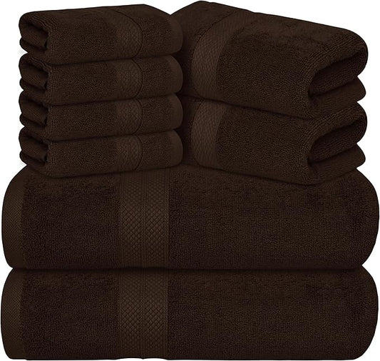 Avalon Towels Luxury 8 Piece Chocolate Towels Set, 2 Bath Towels, 2 Hand Towels and 4 Washcloths, 600 GSM 100% Ring Spun Cotton Highly Absorbent Chocolate Bathroom Towels, Ideal for Hotel, Spa and Gym