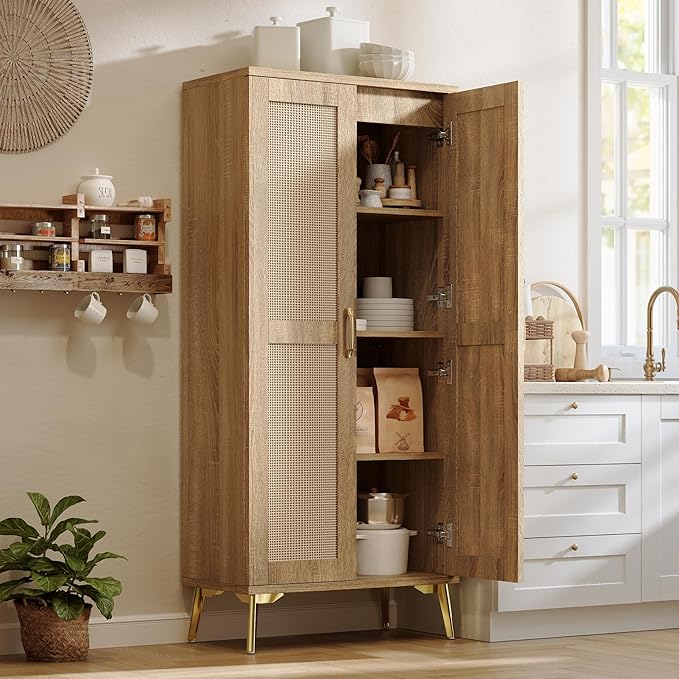 JASIWAY Tall Bathroom Storage Cabinet with Doors and Shelves, 57" Linen Deep Floor Cabinet for Laundry Room Kitchen, Freestanding Pantry for Towel, Adjustable Shelves, Anti-Tipping Device, Wood