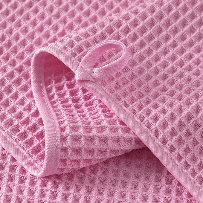 Microfiber Waffle Bath Towels, 4 Pieces, Soft, Absorbent, Fast Drying, Lint Free 430 GSM (Pink)