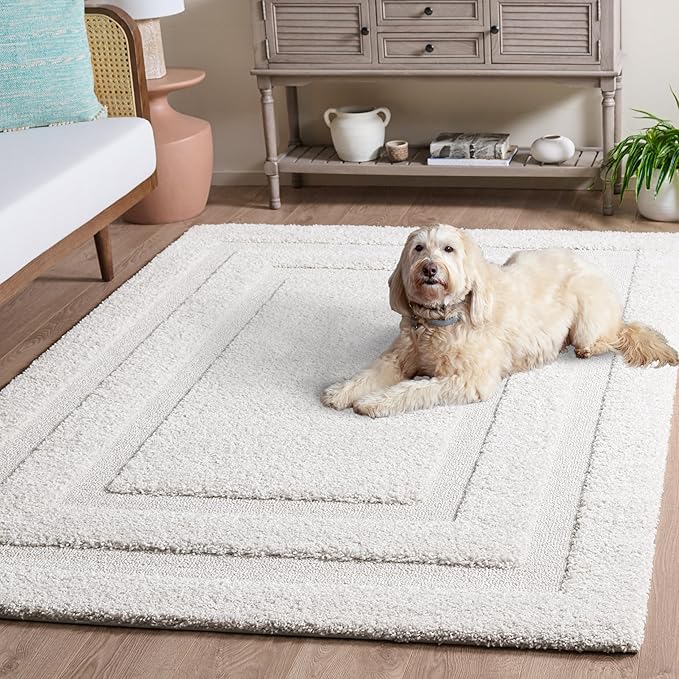 SAFAVIEH Florida Shag Collection Area Rug - 5'3" x 7'6", Creme & Creme, Border Design, Non-Shedding & Easy Care, 1.2-inch Thick Ideal for High Traffic Areas in Living Room, Bedroom (SG454-1111)