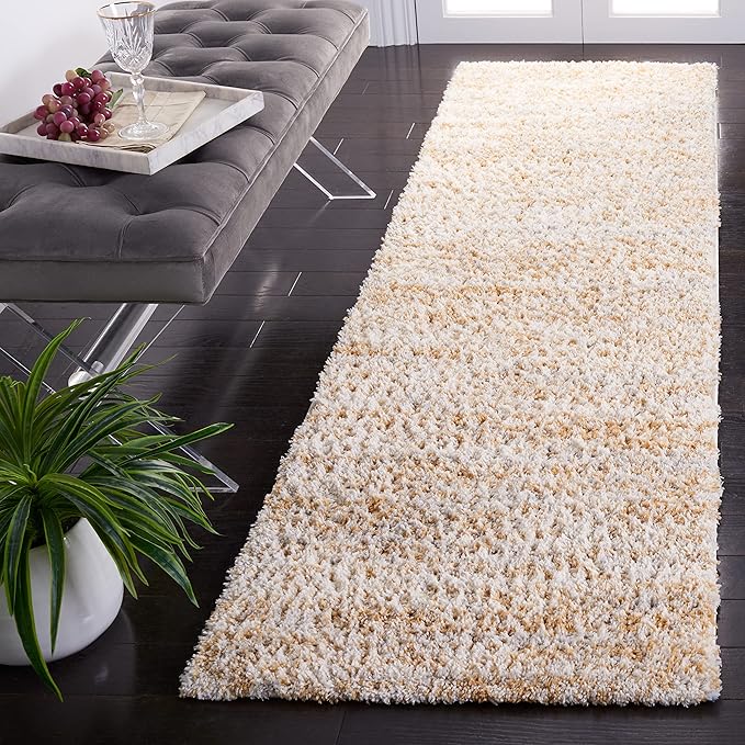 SAFAVIEH Berber Shag Collection Runner Rug - 2'3" x 6', Ivory & Light Gold, Non-Shedding & Easy to Clean, Plush Thick Pile, Ideal for Bedroom, Hallway, Foyer, Entryway (BER563D)