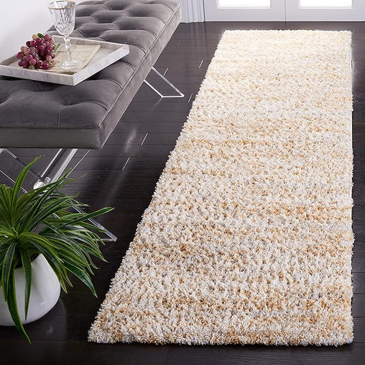 SAFAVIEH Berber Shag Collection Runner Rug - 2'3" x 6', Ivory & Light Gold, Non-Shedding & Easy to Clean, Plush Thick Pile, Ideal for Bedroom, Hallway, Foyer, Entryway (BER563D)