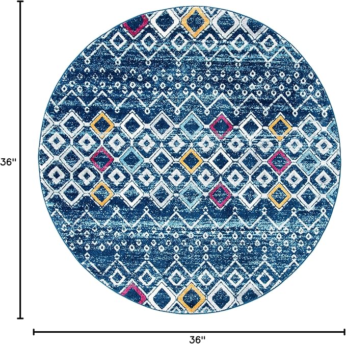 SAFAVIEH Amsterdam Collection 3' Round Navy/Turquoise AMS108M Moroccan Boho Non-Shedding Living Room Dining Bedroom Foyer Area Rug