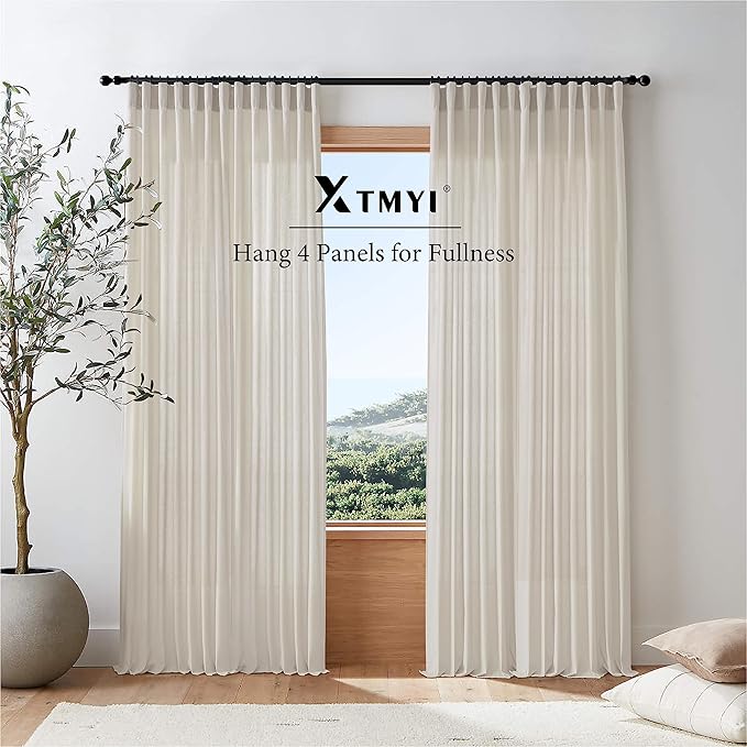 XTMYI Oatmeal 100 Inches Long Country Curtains for Living Room,Sheer Linen Curtains for Bedroom,50 Inches Wide