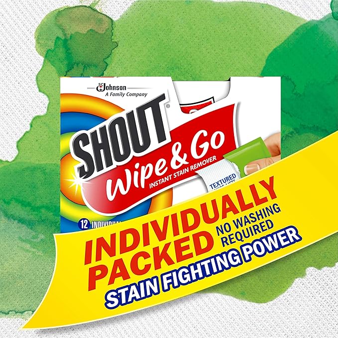 Shout Wipes Stain Remover for Clothes Laundry, Instant Stain Remover and Individually Wrapped, Travel Essentials, Works on Everyday Stains, 12 Wipes per Carton (6 Cartons), (Pack of 12)