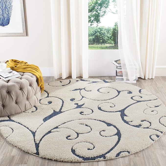 SAFAVIEH Florida Shag Collection Area Rug - 6'7" Round, Cream & Blue, Scroll Design, Non-Shedding & Easy to Clean, High-Low Plush Pile, Ideal for Living Room, Bedroom, Dining Space (SG455-1165)