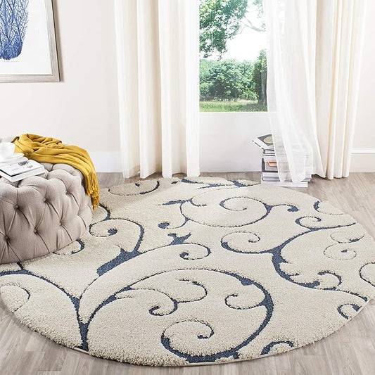 SAFAVIEH Florida Shag Collection Area Rug - 6'7" Round, Cream & Blue, Scroll Design, Non-Shedding & Easy to Clean, High-Low Plush Pile, Ideal for Living Room, Bedroom, Dining Space (SG455-1165)