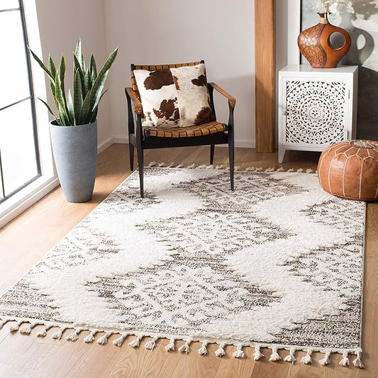 SAFAVIEH Moroccan Tassel Shag Collection Accent Rug - 4' x 6', Ivory & Brown, Boho Design, Non-Shedding & Easy Care, 2-inch Thick Ideal for High Traffic Areas in Foyer, Living Room, Bedroom (MTS652A)