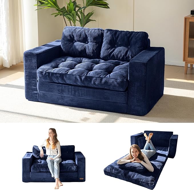 MAXYOYO Convertible Sofa Bed, Pull Out Loveseat Sleeper Sofa, Folding Couch Bed with Pillows for Living Room, Navy