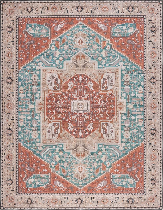 SAFAVIEH Washable Rug Tucson Collection - 10' x 14', Aqua & Rust, Slip Resistant & Easy to Clean, Ideal for Living Room, Bedroom, Dining Space (TSN150J)