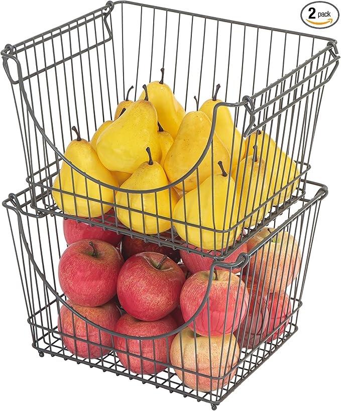 Smart Design Stacking Baskets with Handles - Set of 2 Large - Steel Metal Wire - Fruit Produce and Vegetable Safe Storage Bin Organizer - Pantry Counter Stand Rack - 12.5 x 8.5 Inch - Gunmetal