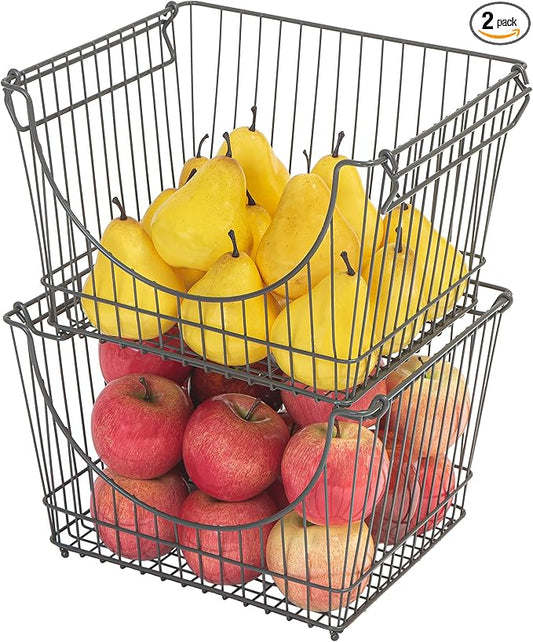 Smart Design Stacking Baskets with Handles - Set of 2 Large - Steel Metal Wire - Fruit Produce and Vegetable Safe Storage Bin Organizer - Pantry Counter Stand Rack - 12.5 x 8.5 Inch - Gunmetal