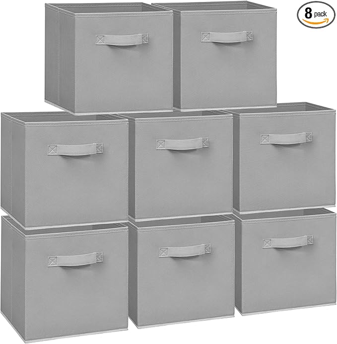 11x11 Storage Bins, Set of 8 Storage Cubes, Collapsible Cube Storage Box, Fabric Closet Organizers with Handles for Home, Office, Closet Shelf Cabinet, Bookcase, Grey