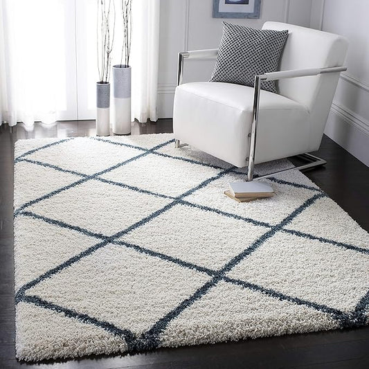 SAFAVIEH Hudson Shag Collection Area Rug - 3' Square, Ivory & Slate Blue, Modern Trellis Design, Non-Shedding & Easy Care, 2-inch Thick Ideal for High Traffic Areas in Living Room, Bedroom (SGH281T)
