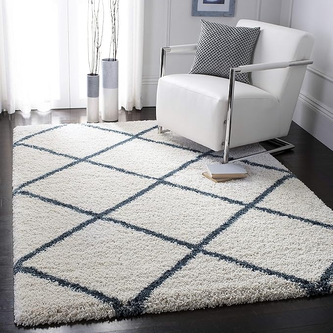 SAFAVIEH Hudson Shag Collection Area Rug - 7' Square, Ivory & Slate Blue, Modern Trellis Design, Non-Shedding & Easy Care, 2-inch Thick Ideal for High Traffic Areas in Living Room, Bedroom (SGH281T)
