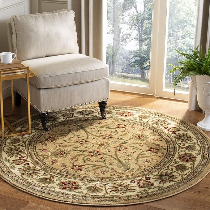 SAFAVIEH Lyndhurst Collection Area Rug - 5'3" Round, Beige & Ivory, Traditional Oriental Design, Non-Shedding & Easy Care, Ideal for High Traffic Areas in Living Room, Bedroom (LNH212D)