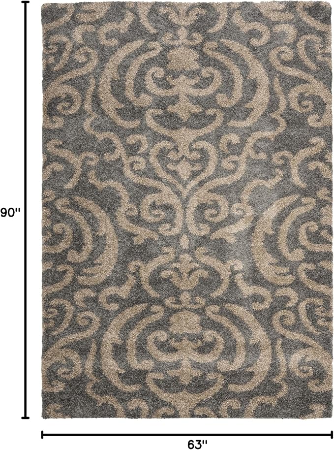 SAFAVIEH Florida Shag Collection Area Rug - 5'3" x 7'6", Grey & Beige, Damask Design, Non-Shedding & Easy Care, 1.2-inch Thick Ideal for High Traffic Areas in Living Room, Bedroom (SG462-8013)