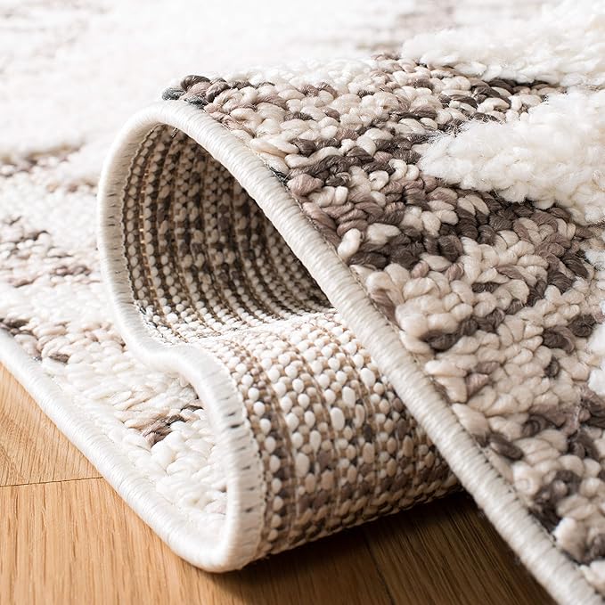 SAFAVIEH Moroccan Tassel Shag Collection Area Rug - 8' Round, Ivory & Brown, Boho Design, Non-Shedding & Easy Care, 2-inch Thick Ideal for High Traffic Areas in Living Room, Bedroom (MTS652A)