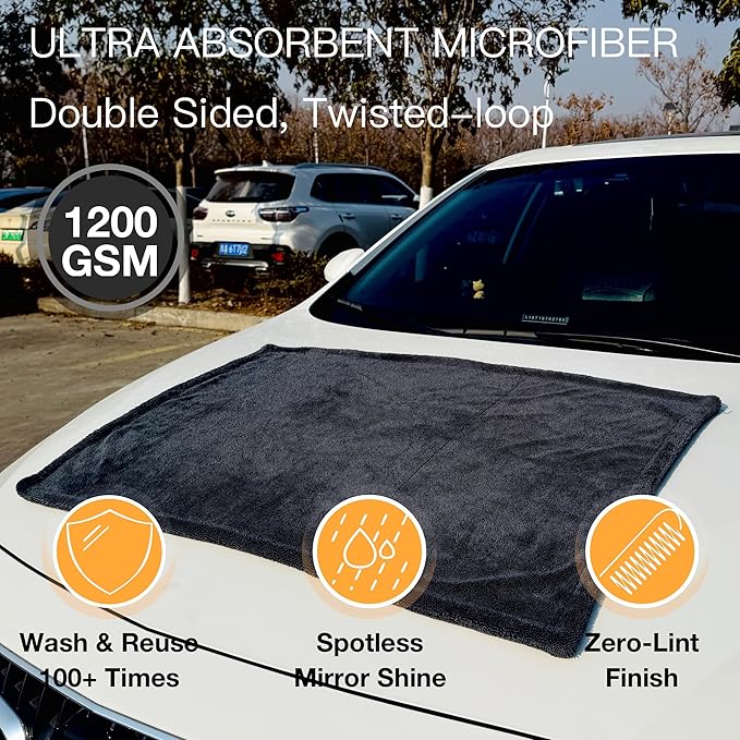 Car Drying Towel Microfiber - 24"x36" Jumbo Size, 1200 GSM Ultra-Thick, Scratch-Free & Super Absorbent, Zero-Lint Cloth for Car, Truck & SUV Pro Detailing - Dries Entire Vehicle in One Pass
