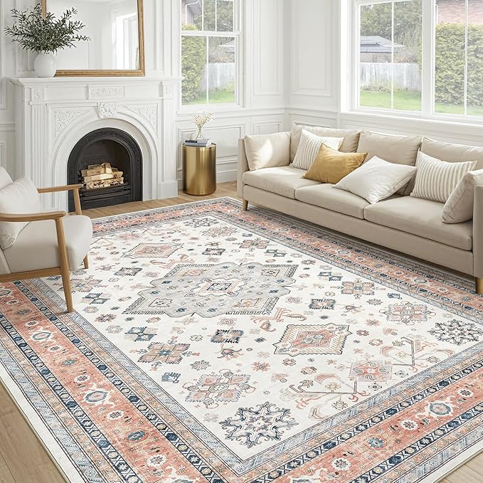 Vintage Living Room Area Rug 9x12 - Large Soft Washable Oriental Traditional Distressed Farmhouse Rugs for Bedroom - Indoor Floor Accent Carpet for Home Office House Decor - Coral Pink
