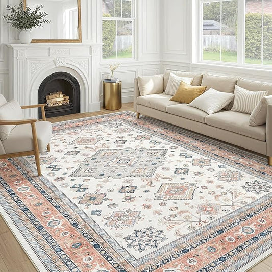 Vintage Living Room Area Rug 9x12 - Large Soft Washable Oriental Traditional Distressed Farmhouse Rugs for Bedroom - Indoor Floor Accent Carpet for Home Office House Decor - Coral Pink