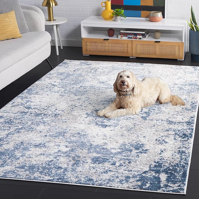 SAFAVIEH Amelia Collection Area Rug - 5'3" Square, Dark Blue & Grey, Modern Abstract Design, Non-Shedding & Easy Cleaning, Ideal for Living Room, Bedroom, Dining Space (ALA705M)