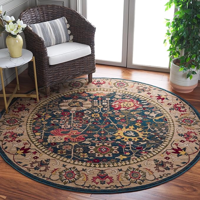 SAFAVIEH Kashan Collection Area Rug - 6'7" Round, Blue & Tan, Geometric Design, Ideal for High Traffic Areas in Living Room, Bedroom & Dining Room (KSN303G-7R)