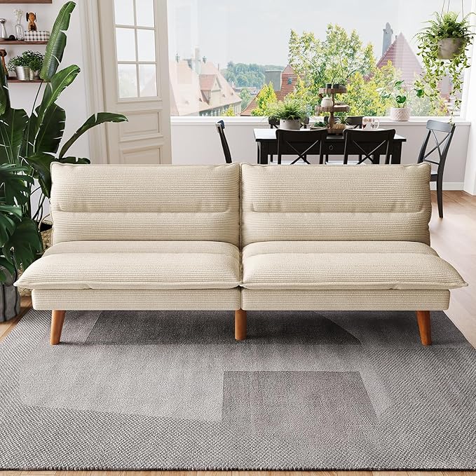 LINSY HOME Futon Sofa Bed - Convertible Corduroy Futon Couch Bed with Adjustable Backrest, Modern Small Loveseat Sleeper Sofa for Small Spaces, Living Room, Apartment or Office (Beige)