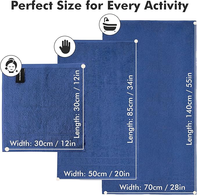 Bath Towels Set of 8 – 100% Cotton (Royal Blue) Bathroom Towel Set Bale Includes 2 Bath, 2 Hand, 4 Face Towels – Soft, Absorbent & Quick Dry Towel for Bathroom, Spa, Kitchen, Hotel Use