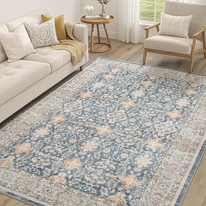 Vintage Living Room Area Rug 6x9 - Large Soft Washable Oriental Traditional Distressed Farmhouse Rugs for Bedroom - Indoor Floor Accent Carpet for Home Office House Decor - Dark Blue