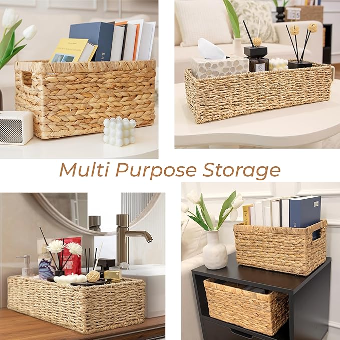 2-Pack Handwoven Seagrass Storage Baskets, Wicker Bins for Pantry Organization, Shelf or Closet Organizer, Decorative Boho Rectangular Basket 15.7" x 6.7"