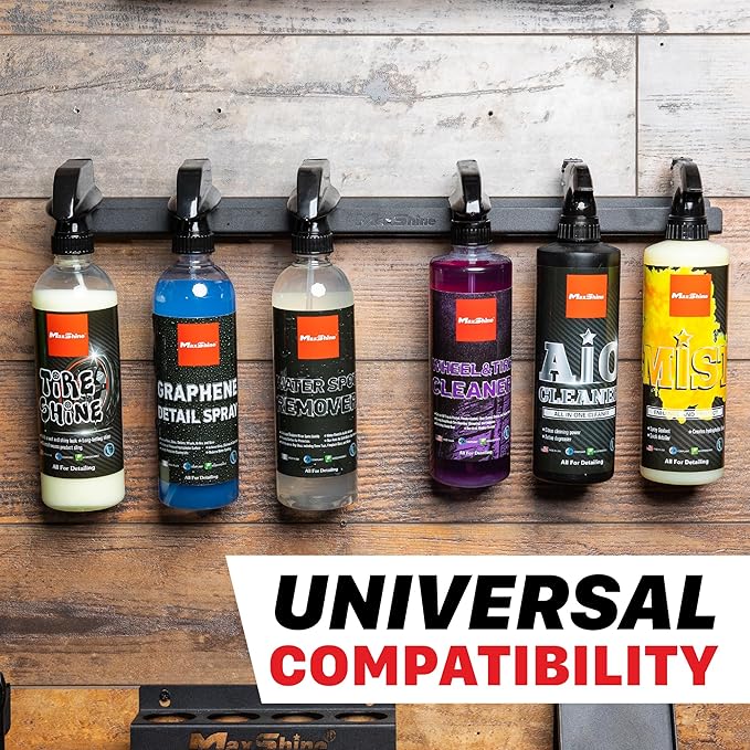 Universal Detailing Spray Bottle Holder (2-Pack) – Wall-Mounted Organizer Rack Holds 8 Spray Bottles – Lightweight, Durable Storage Accessory for Mobile Car Detailing & Garage Use