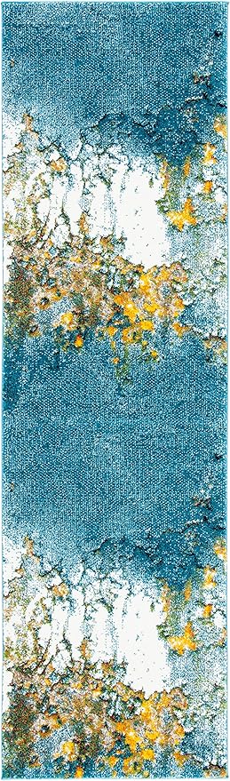 SAFAVIEH Glacier Collection Runner Rug - 2'3" x 20', Blue & Gold, Modern Abstract Design, Non-Shedding & Easy Care, Ideal for High Traffic Areas in Living Room, Bedroom (GLA125M)