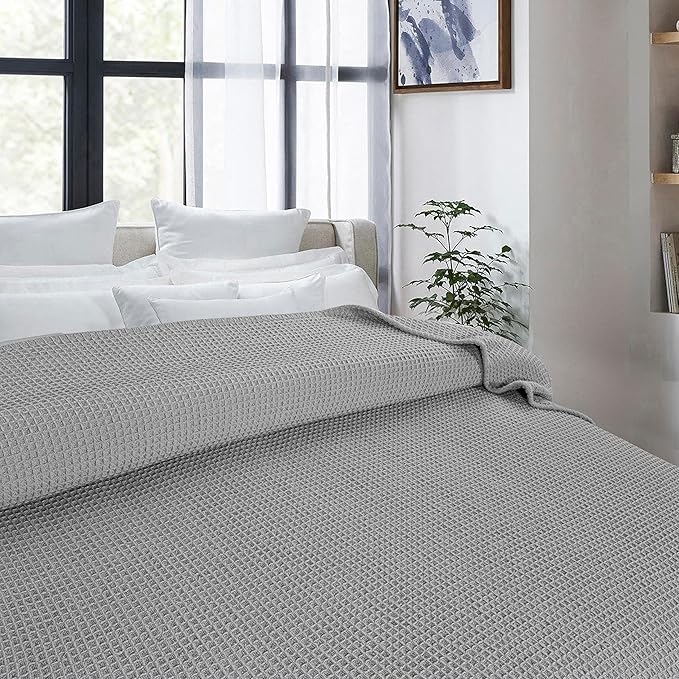 Bed & Bath Home Premium 100% Cotton Waffle Weave Blanket King Size – Soft Breathable Lightweight Comfort, Natural All-Season Bed Blanket, Easy-Care Bedspread for Bed & Couch (Light Grey)