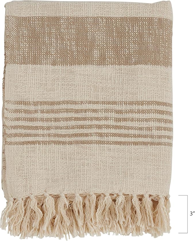 SARO LIFESTYLE Striped Cotton Throw Blanket with Tasseled Trim, Natural, 50"x60"