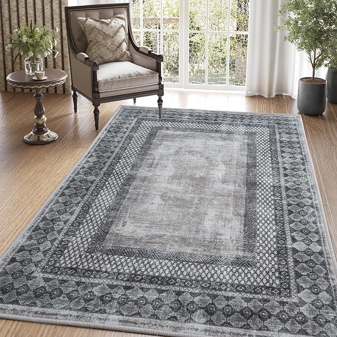 NICETOWN Living Room Rugs 5x8, Thin Washable Vintage Non-Slip Area Rugs for Bedroom, Durable Soft for Dining Room Living Room Laundry, Grey