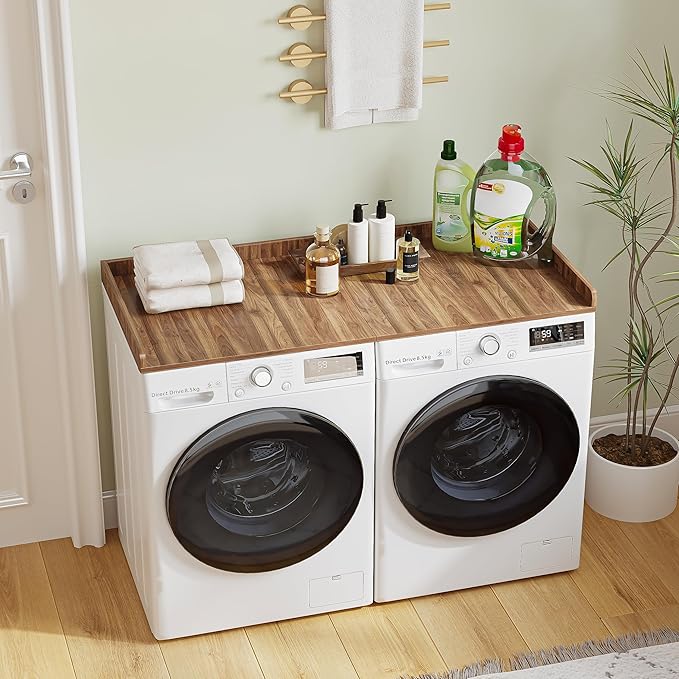 Washer Dryer Countertop,27.5" x 54" Wood Topper for Laundry Room Organization，Laundry Countertop Over Washer and Dryer,with Edge Rails,Non-Slip Mat,Easy to Assemble