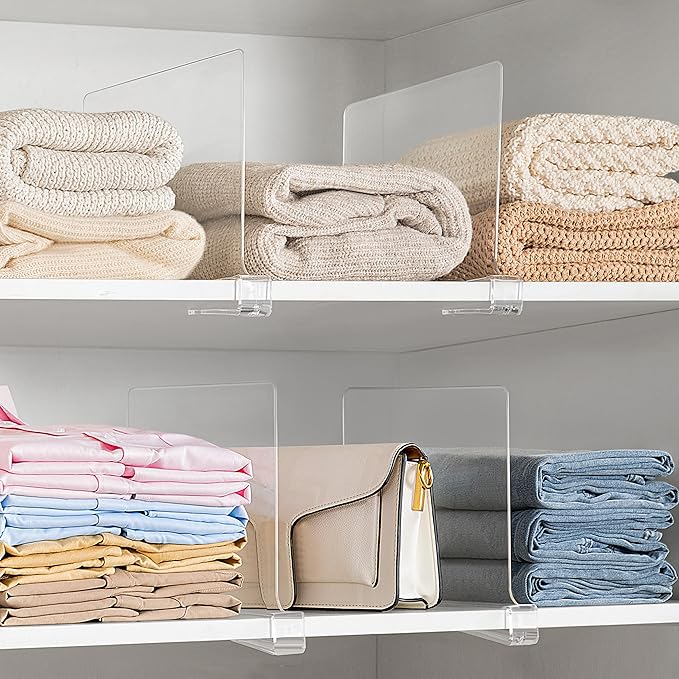 HBlife 12 Pack Clear Shelf Dividers, Vertical Purse Organizer for Closet Perfect for Sweater, Shirts, Handbags in Bedroom and Kitchen, Adjustable Acrylic Bookshelf for Organization