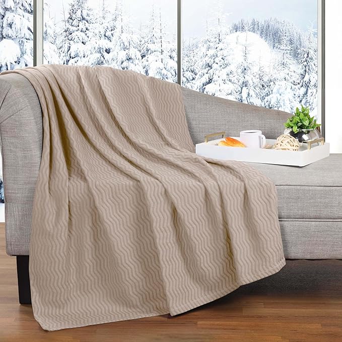 Superior JENA Cotton Blanket, for Picnic, Beach, Traveling or Camping, Bedroom Decor, Essentials, Cover for Bed, Couch, Lounging, Textured Jacquard, Modern Chevron Woven Blanket, Throw, Khaki