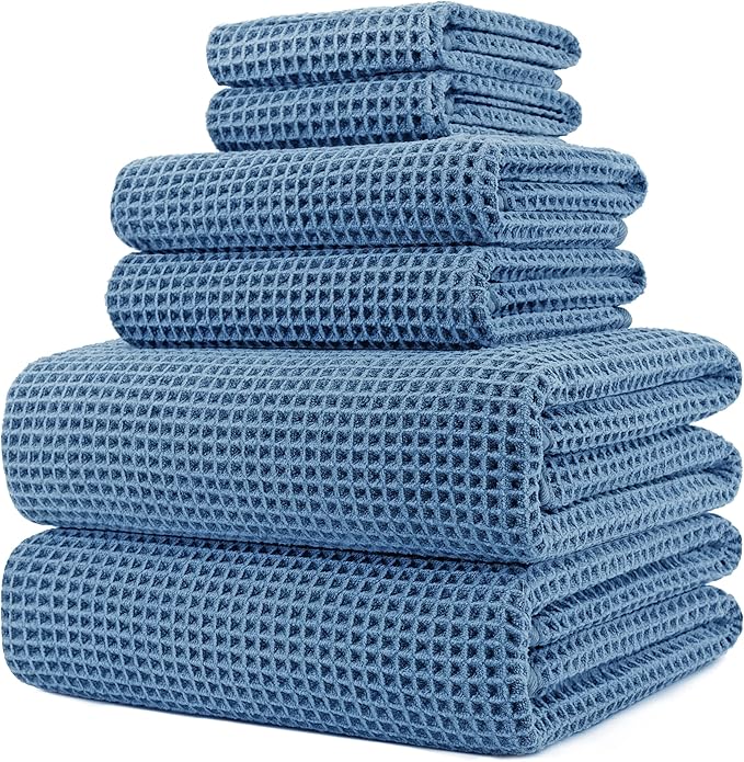 430 GSM Microfiber Quick Dry Lint Free Oversize Bath Towel Set, 6 Piece (Waffle Weave)