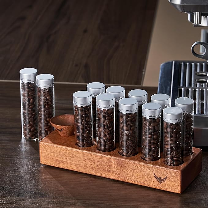 Coffee Storage and Dosing Cup Set - Single Dose Glass Tubes with Wooden Stand, Walnut Dosing Tray, and RDT Spray Bottle - Premium Coffee Preparation Set