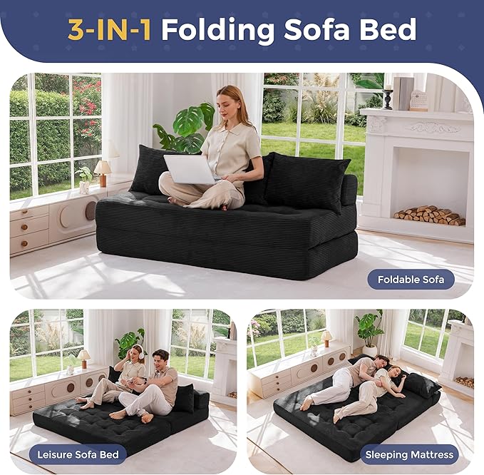 MAXYOYO Folding Sofa Couch, Convertible Floor Sleeper Couch with 3 Pillows, Tufted Floor Oversized Loveseat Couch Tufted Fold Out Chair Bed Comfy Sofa Lounge for Living Room Bedroom, Black