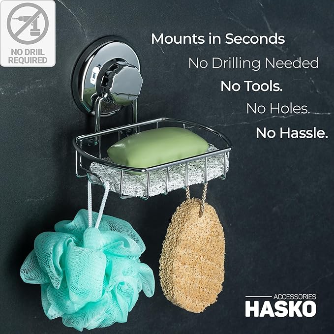HASKO Suction Soap Dish with Hooks | Powerful Vacuum Suction Cup Soap Holder | Soap Basket Holder for Bathroom & Kitchen (Polished Stainless Steel SS304)